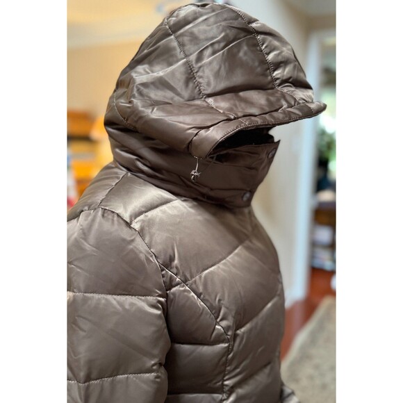 Women’s Long Belted Puffer Coat Sz S Brown Quilted Winter Jacket Removable Hood - Picture 11 of 12